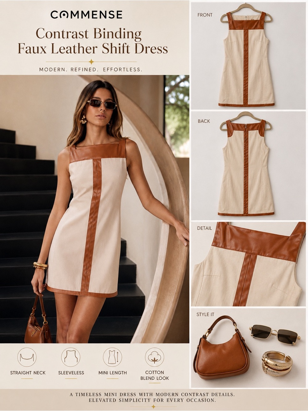 COMMENSE Contrast Binding Faux Leather Shift Mini Dress S Cream Brown Mod B9 - Picture 2 of 8